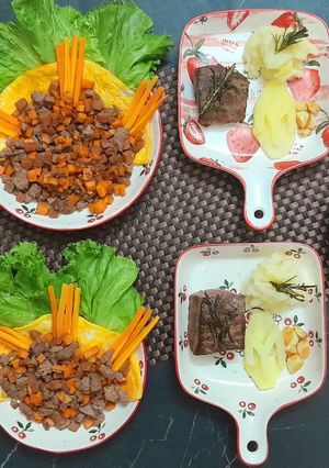 Hình của món Bàn tiệc với các món từ bò và trứng.