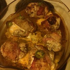 A picture of Stuffed bacon wrapped chicken.