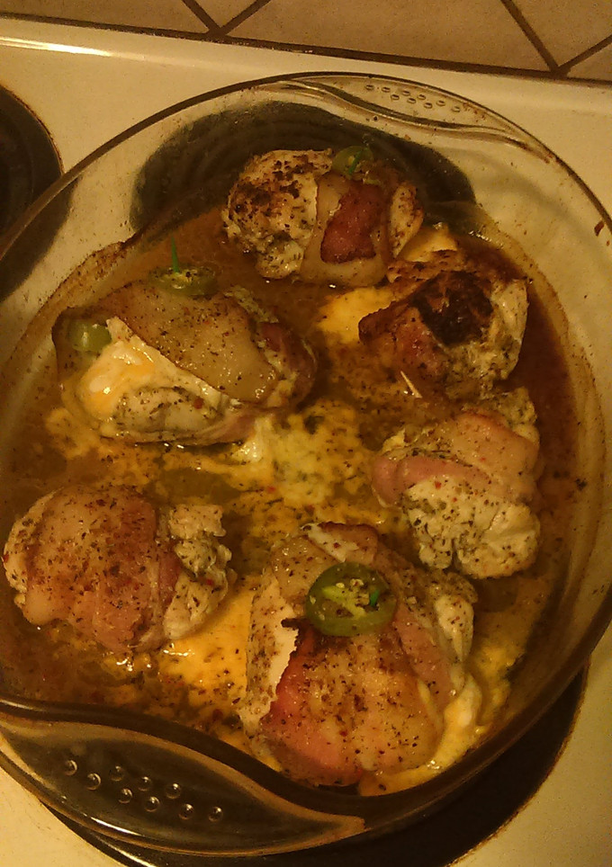 A picture of Stuffed bacon wrapped chicken.