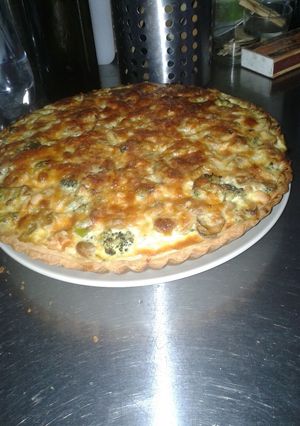 A picture of Chicken, mushroom and broccoli quiche.