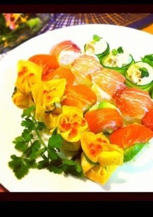 A picture of Vibrant, Colorful, Cute Roly Poly Temari Sushi.