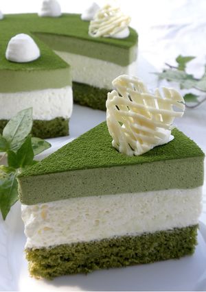 A picture of Green Tea and White Chocolate Mousse Cake.