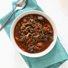 A picture of Beef Stew with Oyster Mushrooms and Green Lentils.