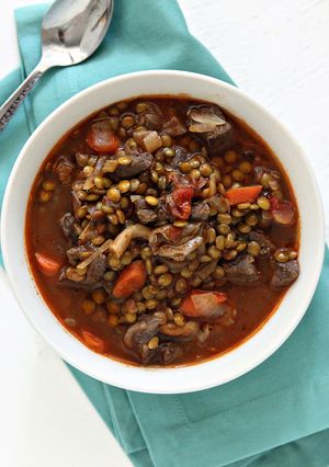 A picture of Beef Stew with Oyster Mushrooms and Green Lentils.