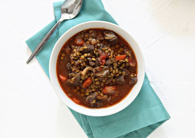 Simple Way to Make Speedy Beef Stew with Oyster Mushrooms and Green Lentils