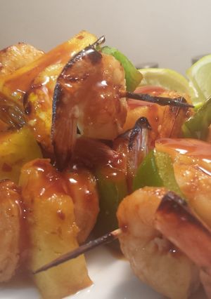 A picture of Chili Teriyaki Shrimp and Pineapple kabobs.