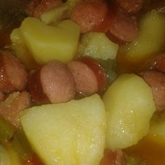 A picture of Potatoes and sausage.