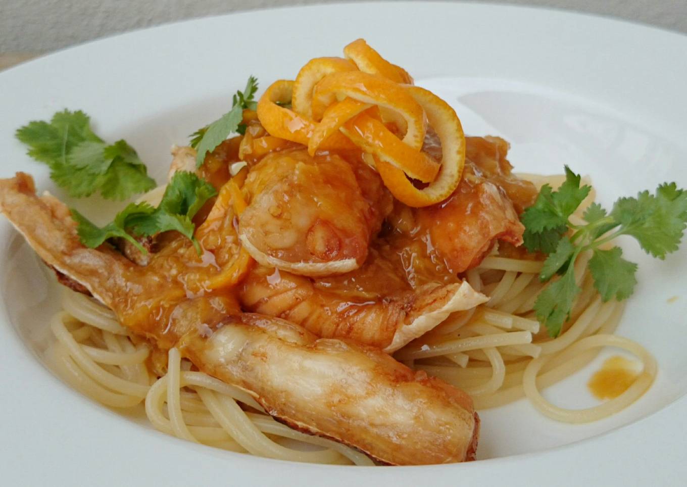 Spaghetti And Salmon In Orange Ginger Sauce