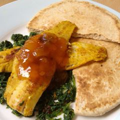 A picture of Vickys Spiced Fish with Spinach and Mango Chutney GF DF EF SF NF.