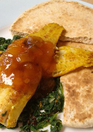 A picture of Vickys Spiced Fish with Spinach and Mango Chutney GF DF EF SF NF.