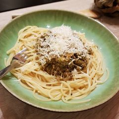 Spaghetti with pesto and sardine A picture of Spaghetti with pesto and sardine.