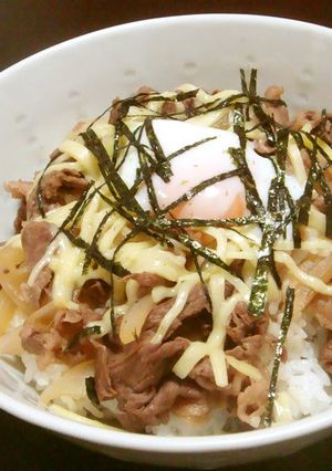 A picture of Beef Rice Bowl with Cheese & Poached Egg.