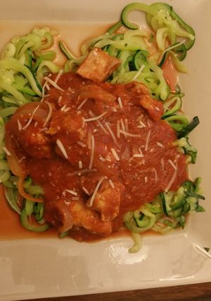A picture of Chicken zucchetti [zucchini pasta].