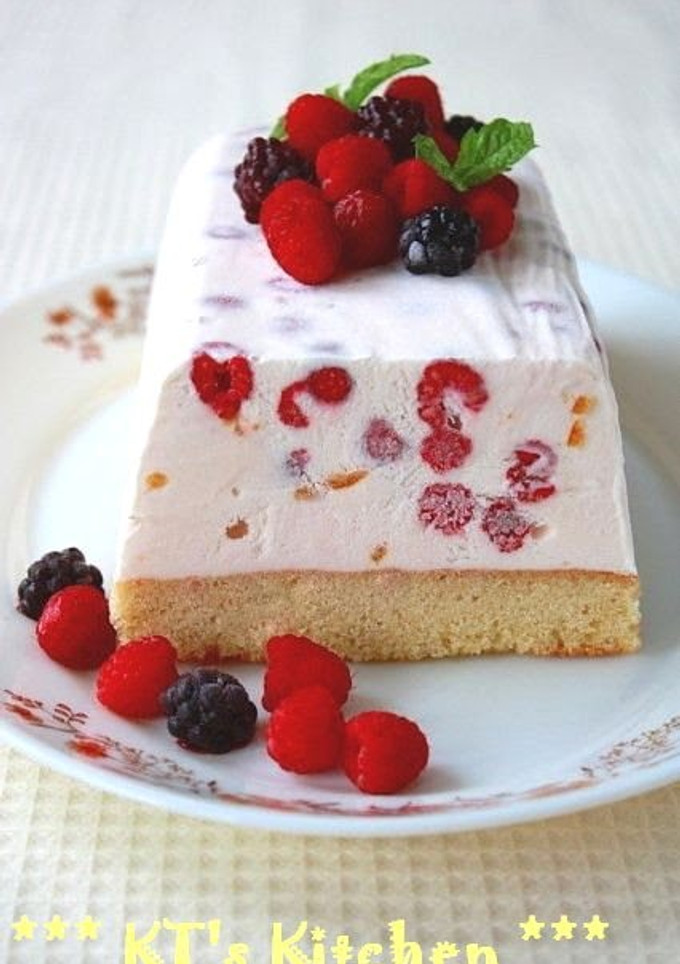 A picture of Citrus Ice Cream Cake with Berries and Yogurt.