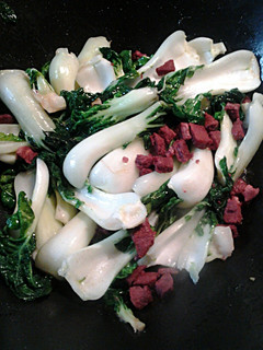 A picture of Bok Choy with Cantonese Roast Pork.