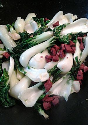 A picture of Bok Choy with Cantonese Roast Pork.