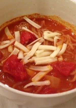 A picture of Tomato Ramen using Shirataki Noodles.