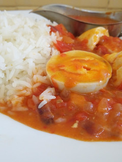 A picture of Egg Curry with Rice.