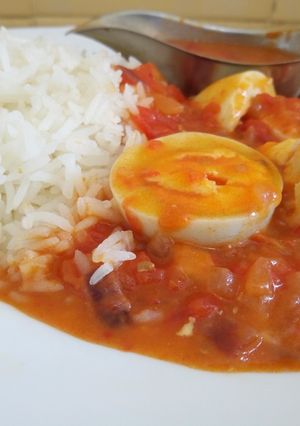 A picture of Egg Curry with Rice.
