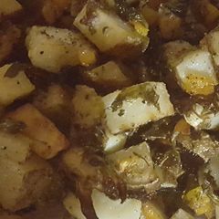 A picture of Roasted brussel sprouts and potatoes.