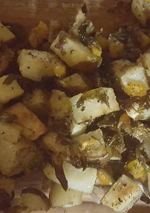 A picture of Roasted brussel sprouts and potatoes.