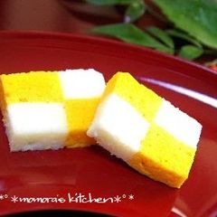 A picture of Pressed and Steamed Hard-Boiled Eggs for Osechi or Bento.