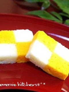 A picture of Pressed and Steamed Hard-Boiled Eggs for Osechi or Bento.