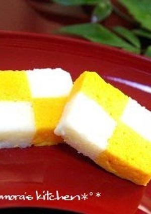 A picture of Pressed and Steamed Hard-Boiled Eggs for Osechi or Bento.