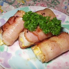 A picture of Chikuwa and Egg Wrapped in Bacon.