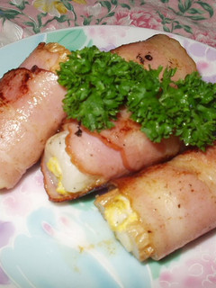 A picture of Chikuwa and Egg Wrapped in Bacon.