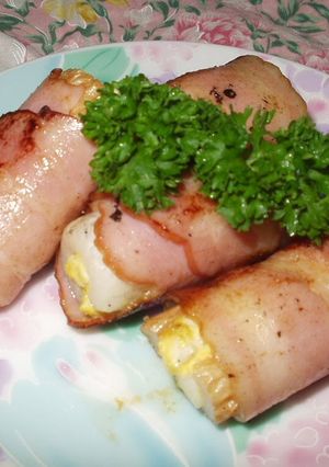 A picture of Chikuwa and Egg Wrapped in Bacon.