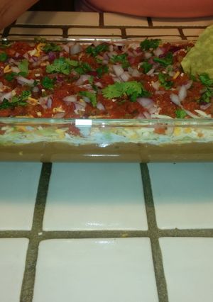 A picture of 7 layer bean dip.
