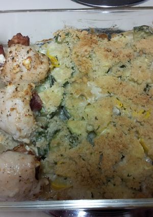 A picture of Feta and bacon stuffed chicken.