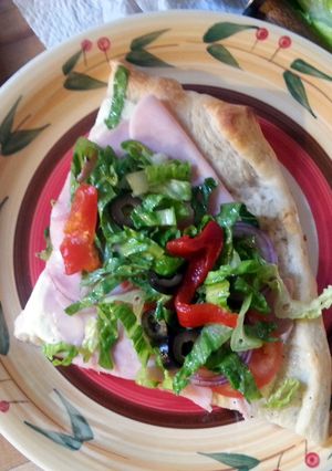A picture of foccacia antipasta pizza.