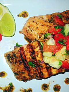 A picture of Mojito Lime grilled Salmon & Strawberry Pineapple Pico`.