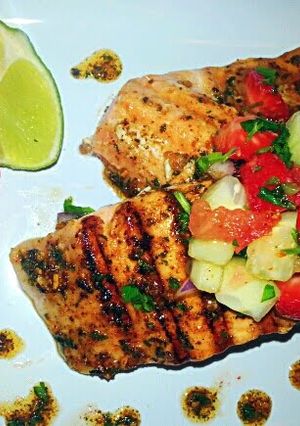 A picture of Mojito Lime grilled Salmon & Strawberry Pineapple Pico`.
