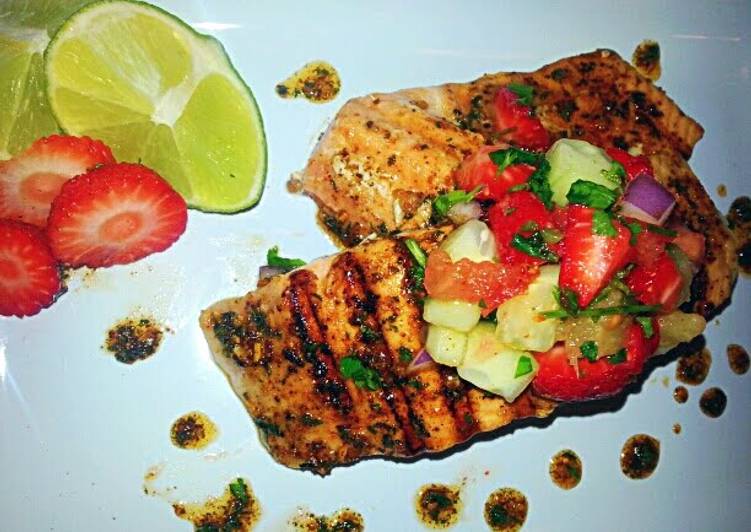 Recipe of Yummy Mojito Lime grilled Salmon & Strawberry Pineapple Pico`