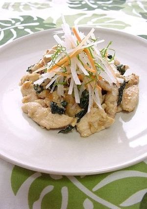 A picture of Stir-Fried Chicken Breast with Shiso Leaves.