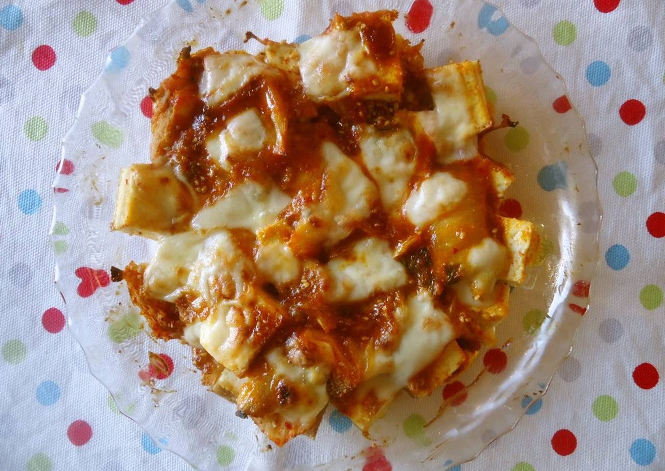 Atsuage (Thick Fried Tofu) and Kimchi Cheese Bake with Gochujang (Korean Hot Pepper Paste)