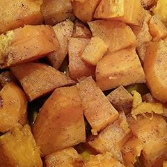 A picture of roasted zesty orange sweet potatoes.