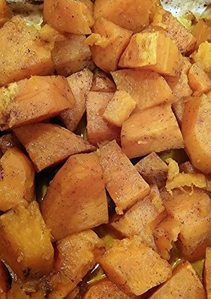 A picture of roasted zesty orange sweet potatoes.