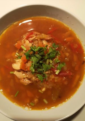 A picture of Lentil soup with shredded roast chicken.