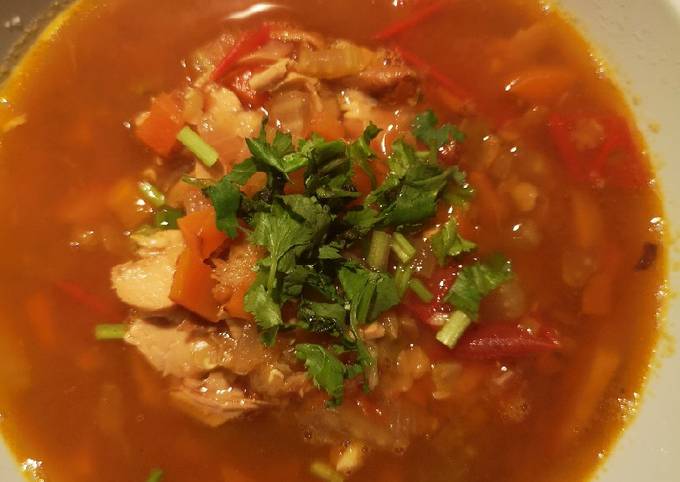 Lentil soup with shredded roast chicken