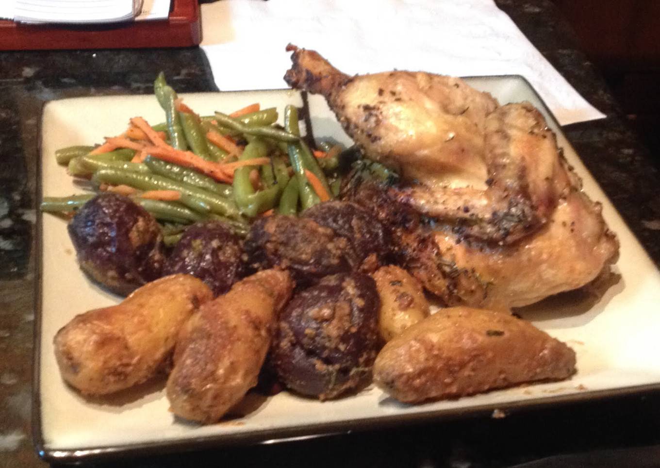 Cornish roast chicken, green beans and hash browns