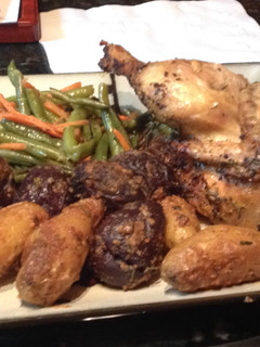 A picture of Roasted Cornish Hens, Green Beans, & Roasted Fingerling Potatoes.