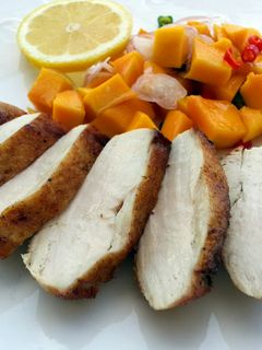 A picture of LG PAN GRILL CHICKEN BREAST WITH MANGO SALSA.