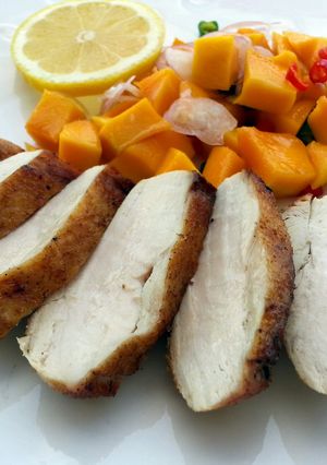 A picture of LG PAN GRILL CHICKEN BREAST WITH MANGO SALSA.