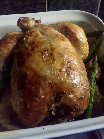 Easy Steps to Prepare Sophie&#39;s garlic roast chicken, paprika carrots &amp; asparagus and scored potatoes. the Delicious Makes you drool