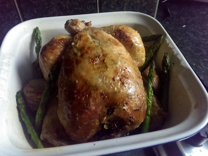 Easy Steps to Prepare Sophie&amp;#39;s garlic roast chicken, paprika carrots &amp;amp; asparagus and scored potatoes. the Delicious Makes you drool