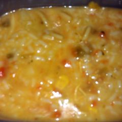 A picture of chicken noodle stew.